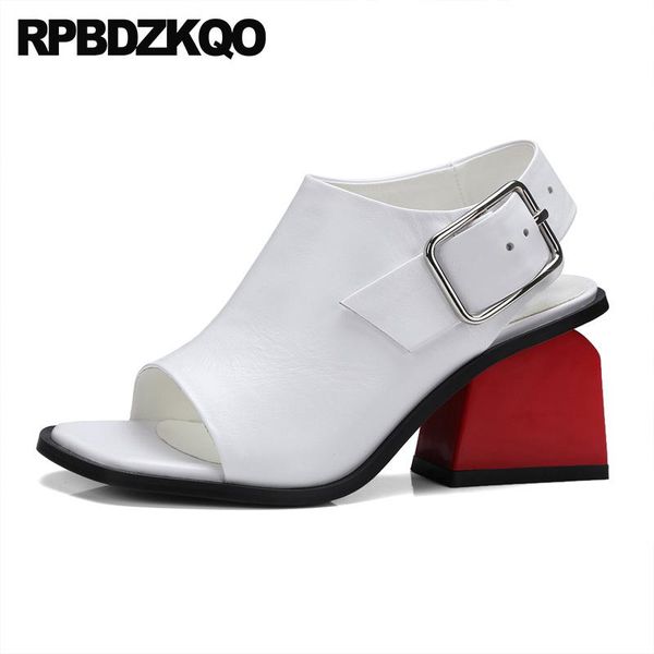 

white pumps high heels thick peep toe booties boots chunky sandals genuine leather large size plus luxury shoes women designer, Black