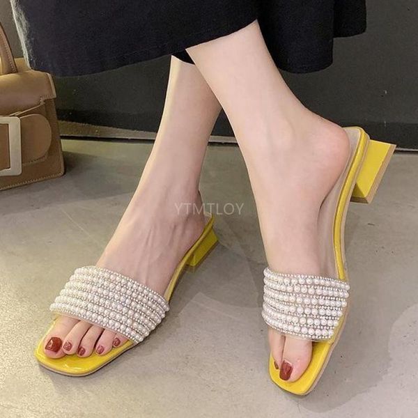 

shoes women thick heel sandals pearl female fashion wild slippers square string bead zapatillas mujer casa, Black
