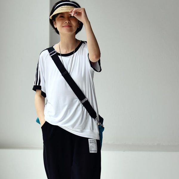 

women's t-shirt micoco t8362c korean version fashion simple patchwork design comfortable cool leisure sports short-sleeved, White