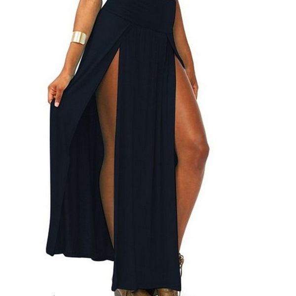 

womens high waist double slit front open knit maxi long solid color pleated irregular hem beach skirt bikini cover up, Black