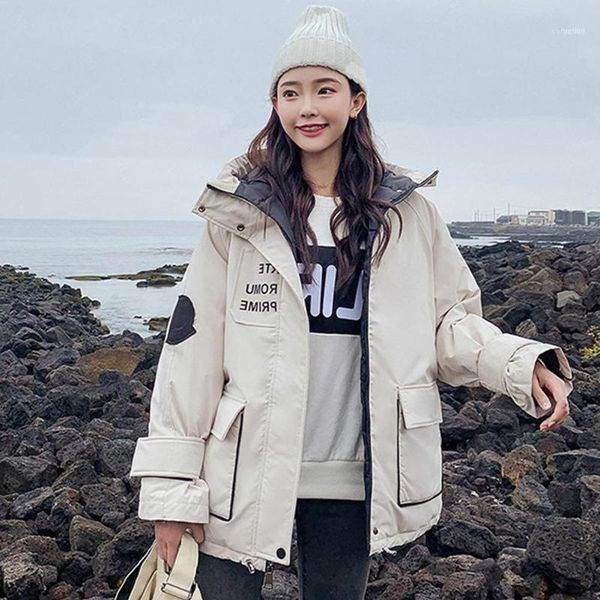 

studyset winter coat zipper women thicken down cotton hoodie printing letters middle long loose overcoat1, Black