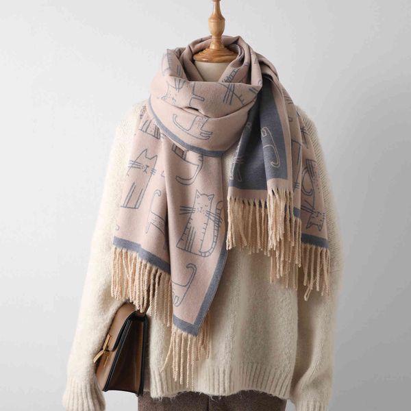 

new thick tassel scarf women's cat printed cashmere like shawl with sunscreen windproof collar in autumn and winter, Blue;gray