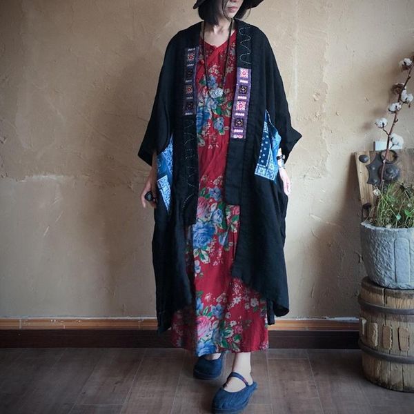 

women's trench coats women vintage patchwork long linen 2021 autumn loose chinese style retro casual open stitch, Tan;black