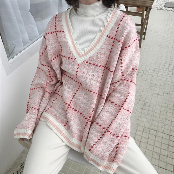 

women's sweaters oversize thick plaid sweater women fall winter sweet loose v-neck knit pullover female casual preppy style plus size, White;black