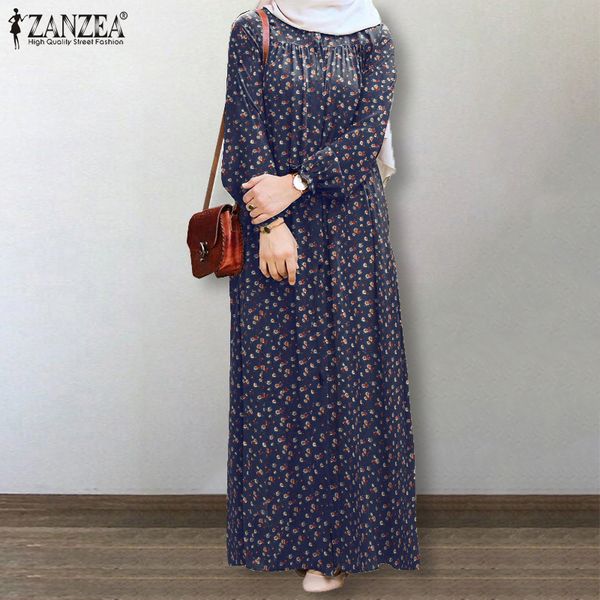 

zanzea women dubai abaya turkey hijab dressvintage sundress casual lapel neck long sleeve floral printed muslim dress robe femme, Black;gray
