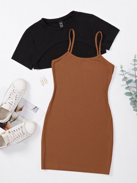 

solid crop tee & cami bodycon dress p92x#, White