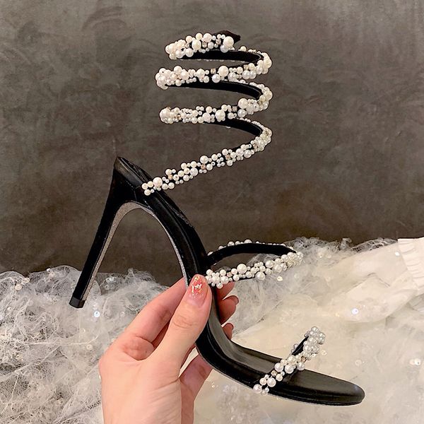 

sandals fashion sandals designer for womens rene caovilia t0p quality stiletto heels ankle strap 10cm high heeled genuine leather sole women, Black