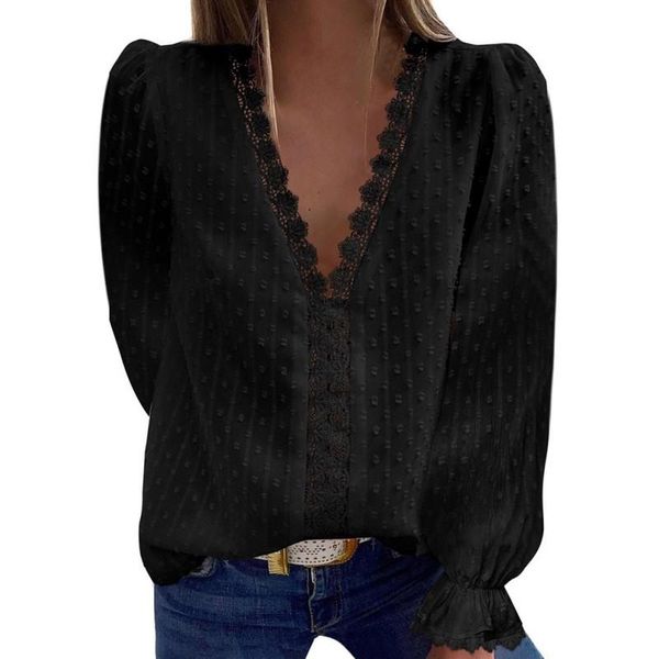 

women's blouses & shirts autumn ladies lace solid color v concrete flowers chiffon pullover slim comfortable casual, White
