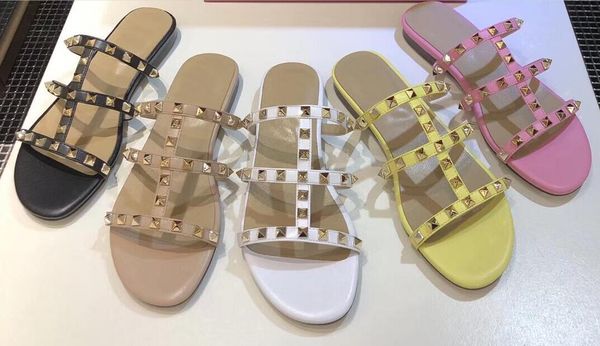 

g shoes 2020 new fashion womens flat rivet espadrilles shoes casual sandals leather flat slippers flip flop 35-41, Black