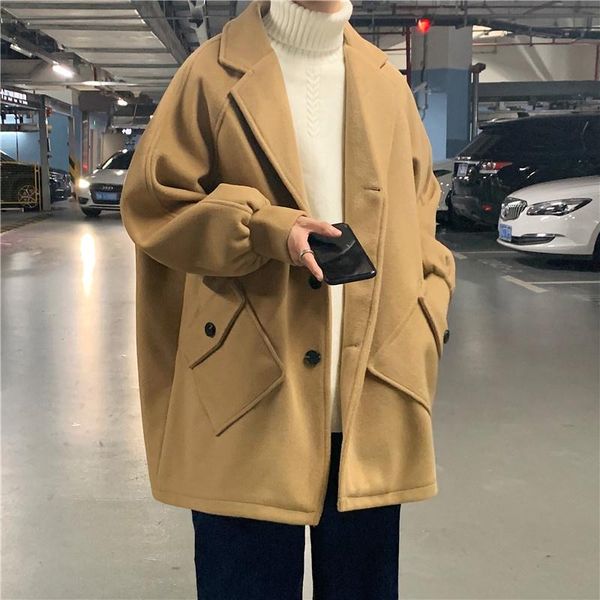 

men's wool & blends winter mid-length woolen coat fashion casual oversized men korean loose jacket mens overcoat, Black
