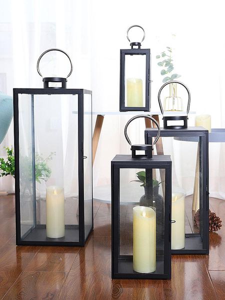 

candle holders european metal black large candlestick outdoor courtyar windproof lantern romantic wedding home decoration