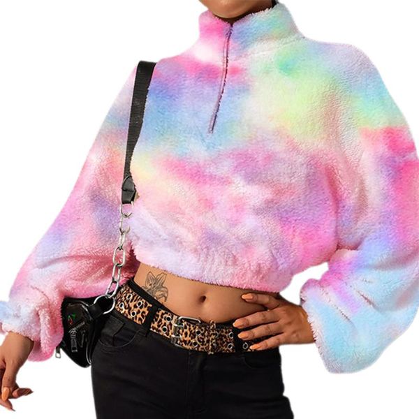 

womens cropped velvet hoddie sports loose high collar long sleeve fall zipper dye female clothes women's hoodies & sweatshirts, Black