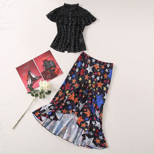 

summer fashion runway order women's clothes printing chiffon shirt and midi trumpet skirt suit sets, Black