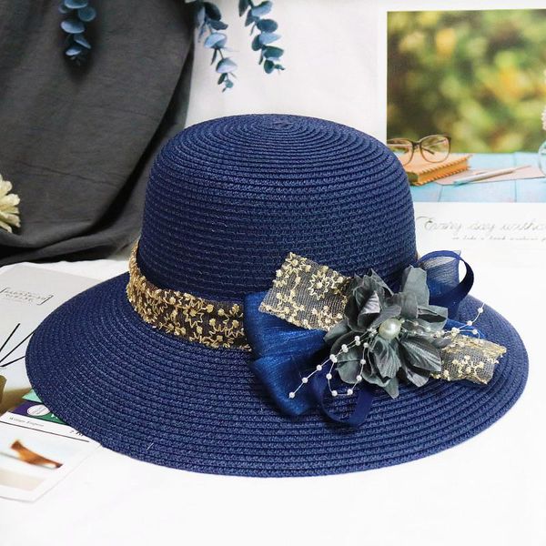 

wide brim hats fashion mother daughter hat lady large floppy summer beach sun straw cap with flower, Blue;gray