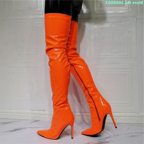 

boots patent leather pointed toe zipper over the knee thin high heels women autume winter party dress long shoes, Black