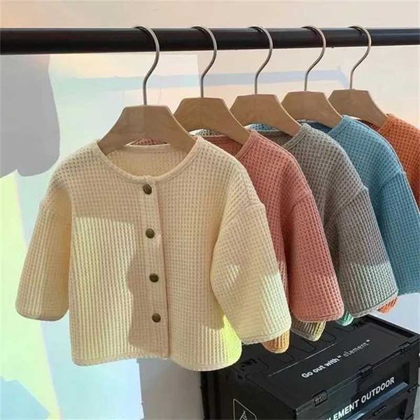 

baby kids boys girls cardigan spring autumn infant waffle knitted bottom shirts thin coats children's korean p4 270 211106, Blue