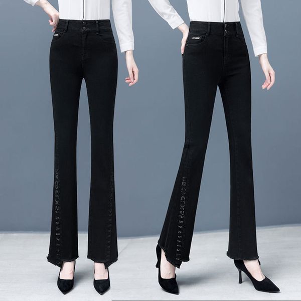 

micro la women's spring and autumn black high waist thin pants fashion horn, Blue