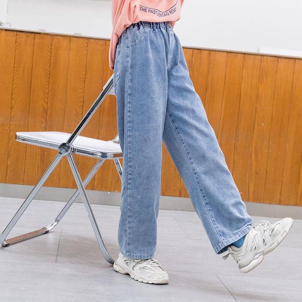 

trousers autumn teenager girls jeans 2021 kids straight pants loose casual style 5-14 years children bottom clothes, Blue