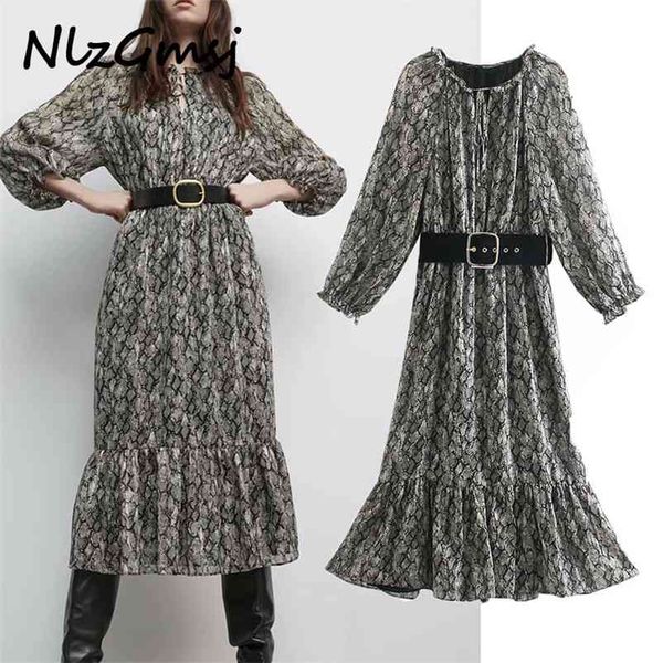 

dres fashion animal print office with belt long sleeve midi party female vestidos mujer 210628, Black;gray