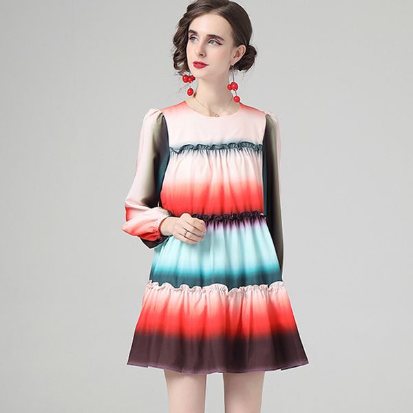 

women's runway dresses o neck long sleeves printed faded ruffles fashion a line loose dress vestidos, Black