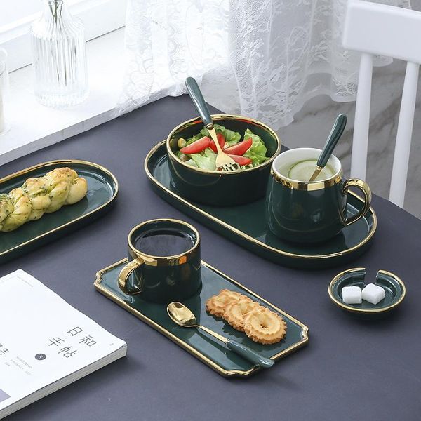 

nordic style gold inlay green ceramic plate coffee cup mugs bowl tableware ins dinner dish porcelain dinnerware set cups & saucers