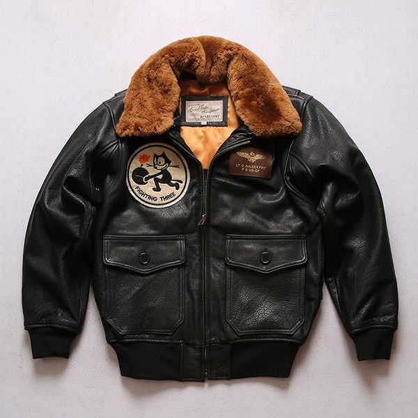 

2 colours g1 usa air force flying leather jackets with red brown lamb fur collar first layer cowhide leather suits fighting, Black