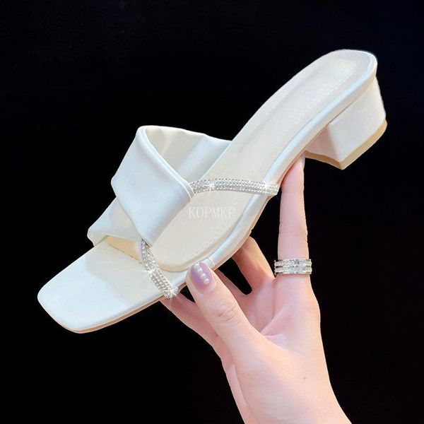 

sandals white fashion women slip on mules shoes shallow crystal peep toe summer kopmkp zapatillas mujer casa sapatos 35-40, Black