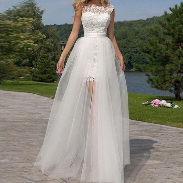 Gonne 2021 Sexy bianco trasparente lungo tulle trasparente lunghezza del pavimento overskirt abiti da festa di nozze da sposa personalizza treno staccabile