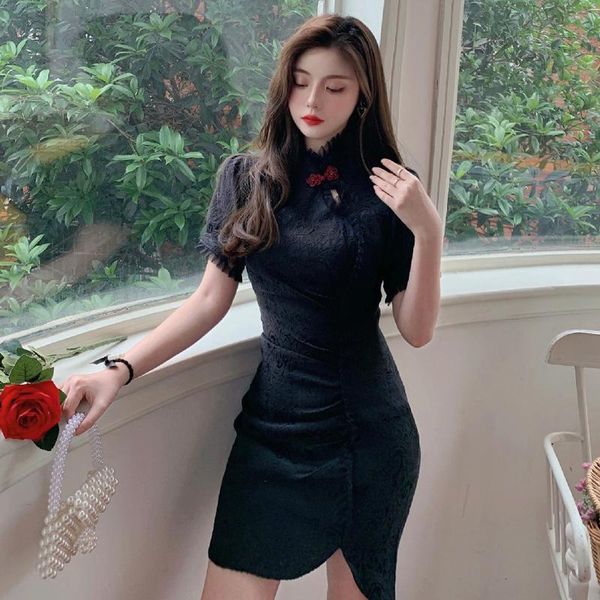 

black qipao cheongsam bubble sleeve summer big size custom cheongsams traditional retro french button slim dress design ethnic clothing, Red