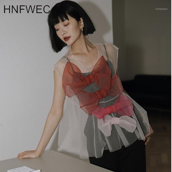 

spring summer arrivals o-neck sleeveless contrast color bow mesh gown women casual loose blouse t561 women's blouses & shirts, White