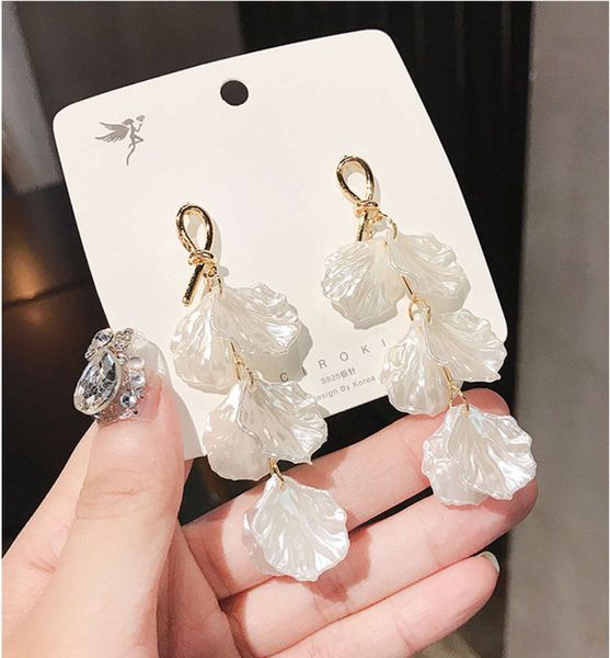 

s925 for women japan and south korea fresh long shell flower net red versatile temperament petal earrings, Black