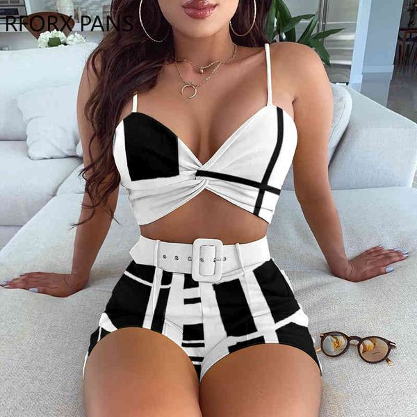 

colorblock spaghetti strap twisted & shorts set women suit, White;black