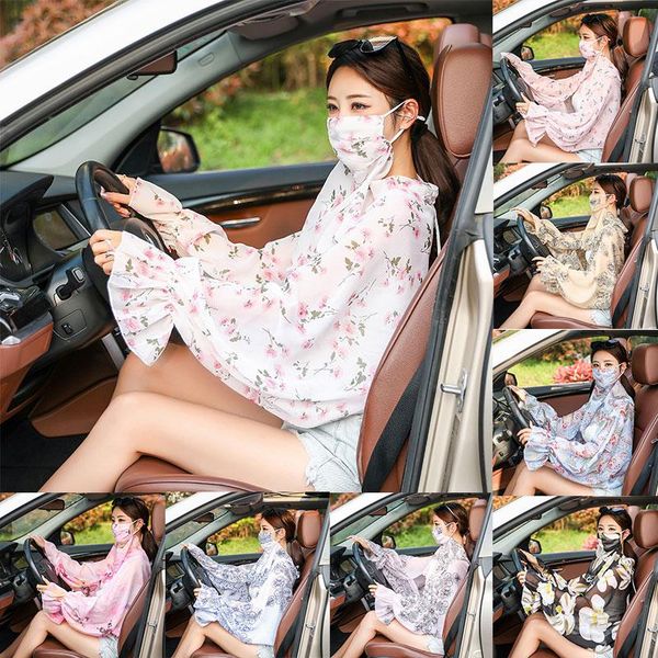 

scarves fashion women scarf shawl floral print sunscreen chiffon sun protection driving anti-uv perspective, Blue;gray