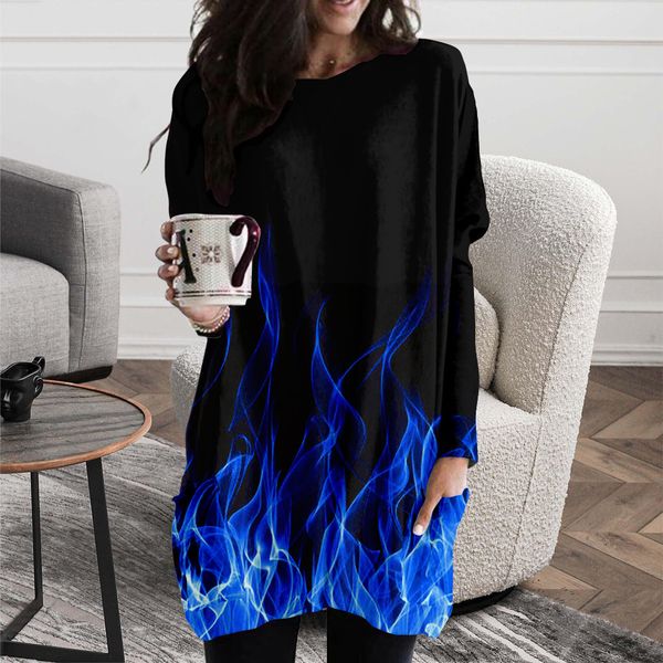 

harajuku style flame pattern printing spring and autumn long pocket t-shirt female element round neck loose comfortable home service, Black;gray