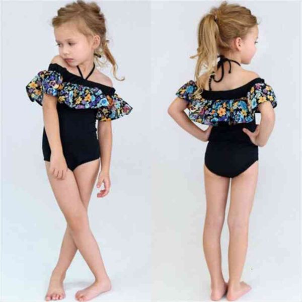 

1 5 years girls swimsuits set ruffle one piece for girl black floral print headbands swimming suit outfits, White
