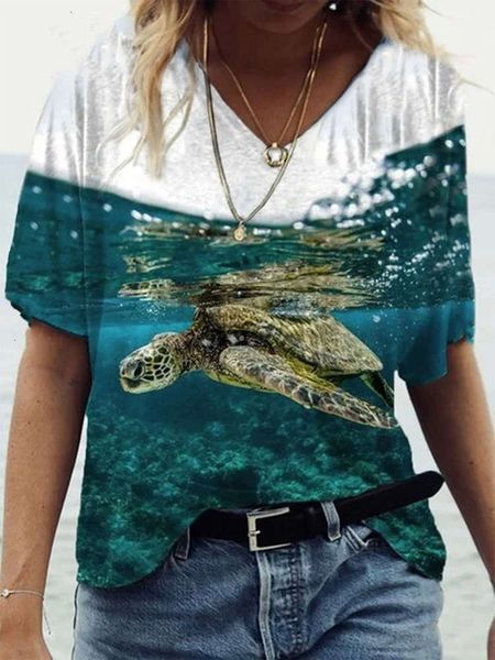 

women's t-shirt 2021 spring casual ocean turtle v-neck short sleeve 5pqg, White