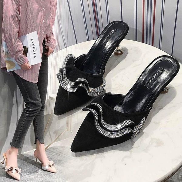 

comfortable sequins summer outdoor slides women's fashion casual rhinestone slippers ladies low heel sandals, Black