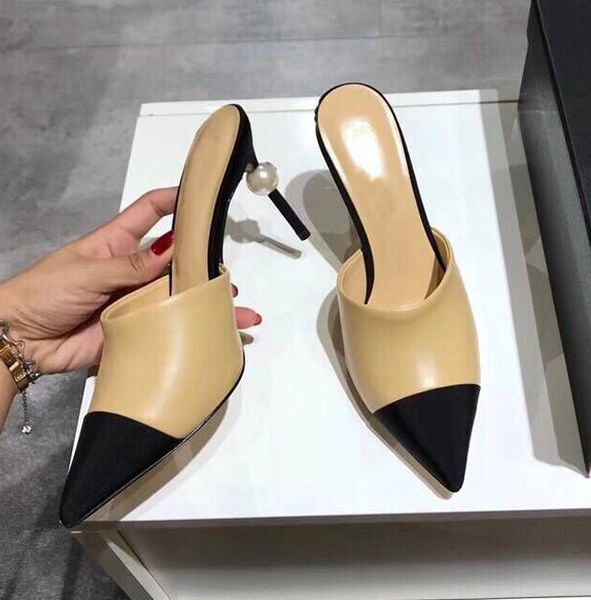 

70% off wholesale sandals flip-flops spring new low pointed shallow mouth baotou back empty high thin heel women's shoes simple single, Black