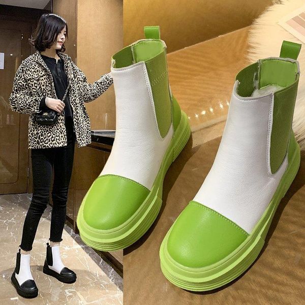 

boots spring shoes leather women comfortable chunky flat heel round toe warm platform woman botas mujer, Black