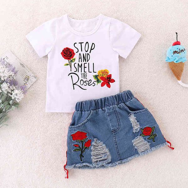 

children's clothes suit summer embroidery letter print short sleeve+skirt 2pcs set toddler girl christmas outfits 210515, White