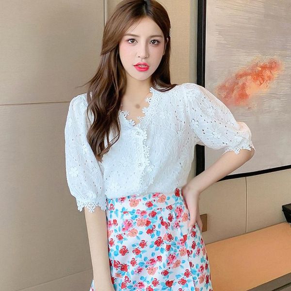 

women's blouses & shirts etosell women casual summer short sleeve shirt harajukju lace hollow out blouse, White