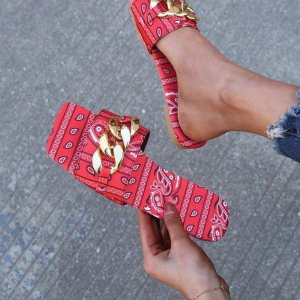 

summer style foreign trade large size chain bohemian outer wear square toe flat bottom flip flop female sandals women slippers, Black
