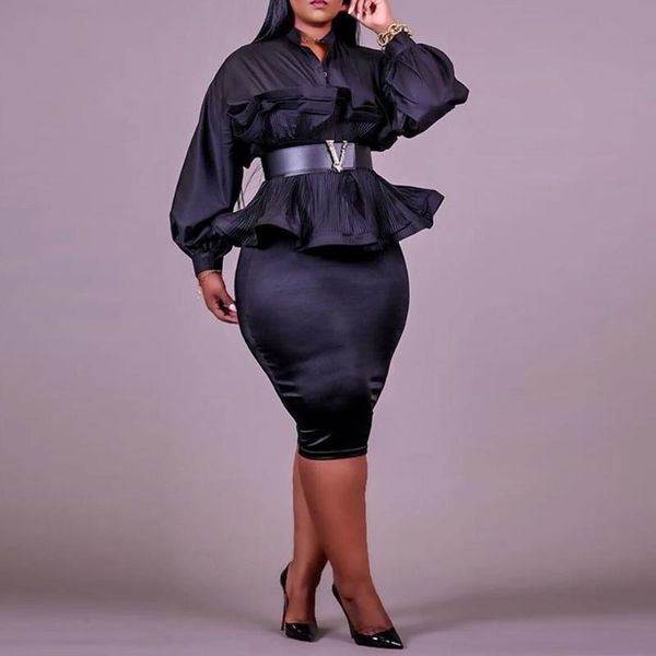 

plus size tracksuits 2021 women's autumn pleated waist long-sleeved shirt bag hip skirt temperament commuter suit fashion casual, Black