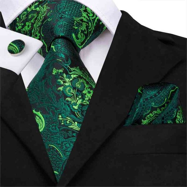 Cravatta da uomo verde floreale Cravatta di seta paisley Set di fazzoletto da taschino per cravatte di smeraldi da lavoro per feste Regalo all'ingrosso Hi-Tie SN-3206