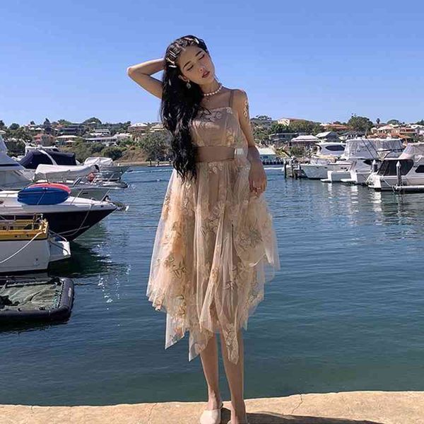

summer chic boho spaghetti strap embroidery women tutu dresses chiffon sleeveless ladies floral dress robe vestidos 210521, Black;gray