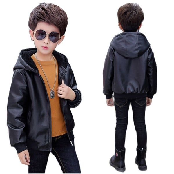 

winter pu leather jacket for boy 2021 korean version plus velvet thick fashion hooded coat handsome casual childrens clothing, Blue;gray