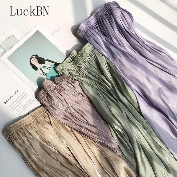

skirts women shiny silky gloss vintage elegant casual midi skirt high waist pleated summer womens lady print female 2021, Black