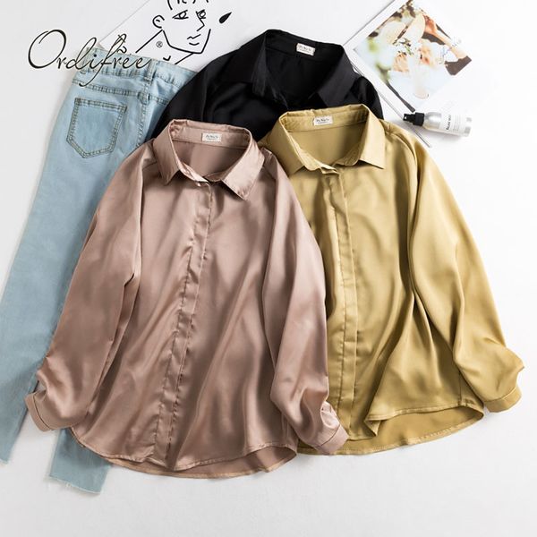 

autumn women satin shirt long sleeve casual loose silk blouse vintage 210415, White