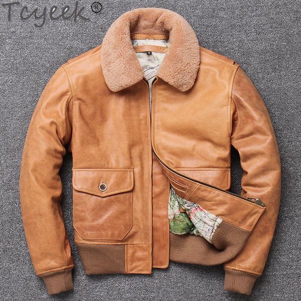 

men's leather & faux tcyeek 2021 100% genuine jacket men cow coat bomber fur collar motorcycle biker cloth male, Black