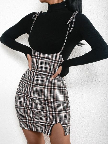 

plaid print split hem knotted shoulder overall dress p9lm#, Black;gray